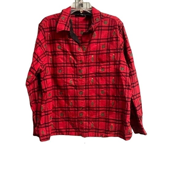 Christmas Plaid Top Krazy Kat Vintage XL Trees Presents Grabdma Cottage - Picture 1 of 3